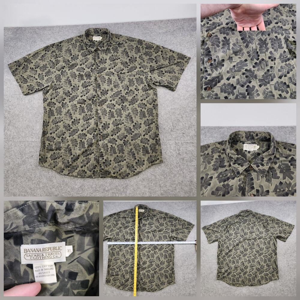 VTG Banana Republic Shirt Mens XL Green Leaf Short Sleeve Button Up Tropical